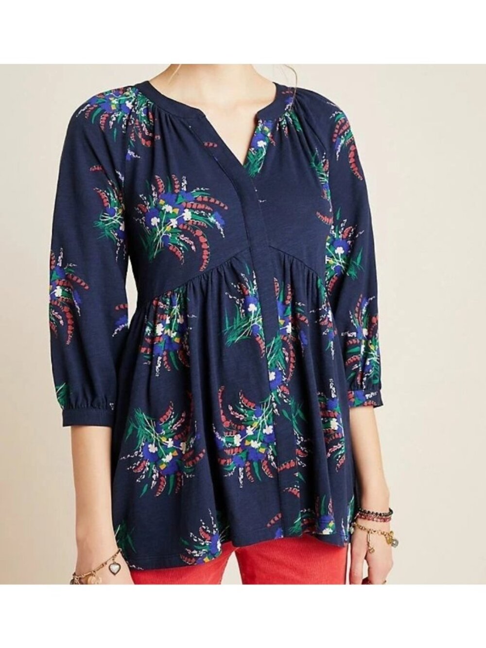 Anthropologie Maeve Long Sleeve Winona Babydoll Floral Tunic Top Womens Medium